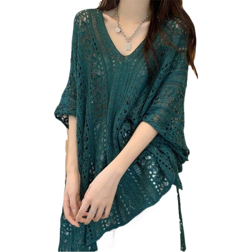 V-Neck Hollow Short-Sleeved Sweater Women's Lazy Style Summer Design Niche Loose Casual Vacation Top