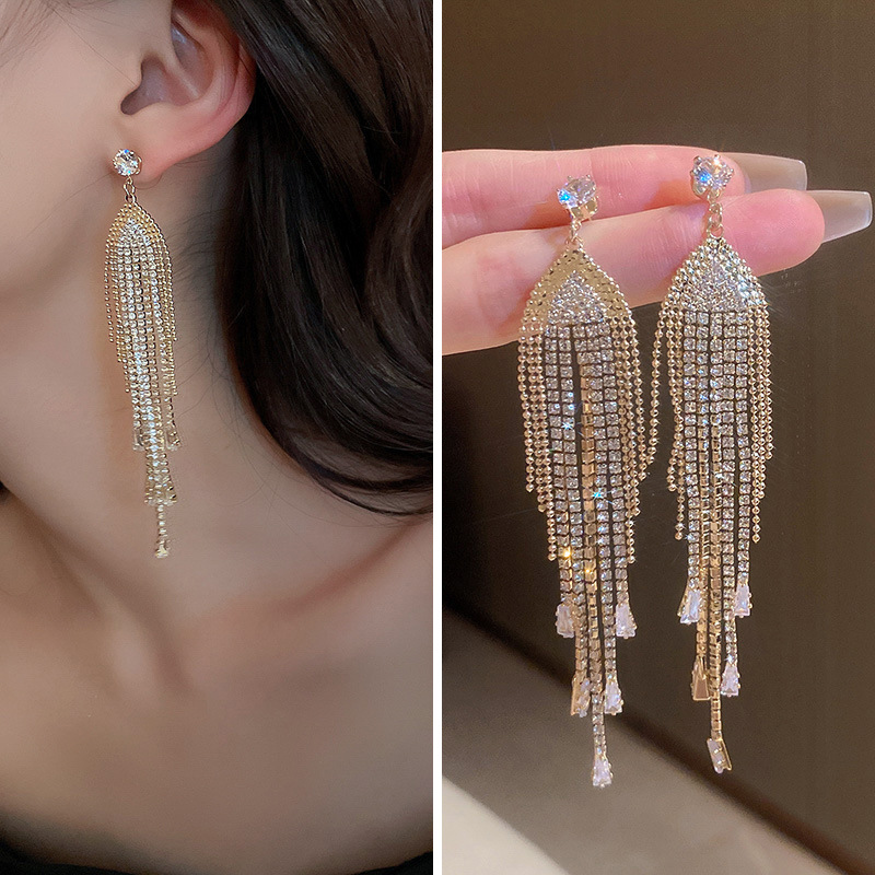 S925 Silver Pin Exaggerated Diamond Tassel Earrings Light Luxury Design Sense Long Earrings Women's European and American Fashion Earrings