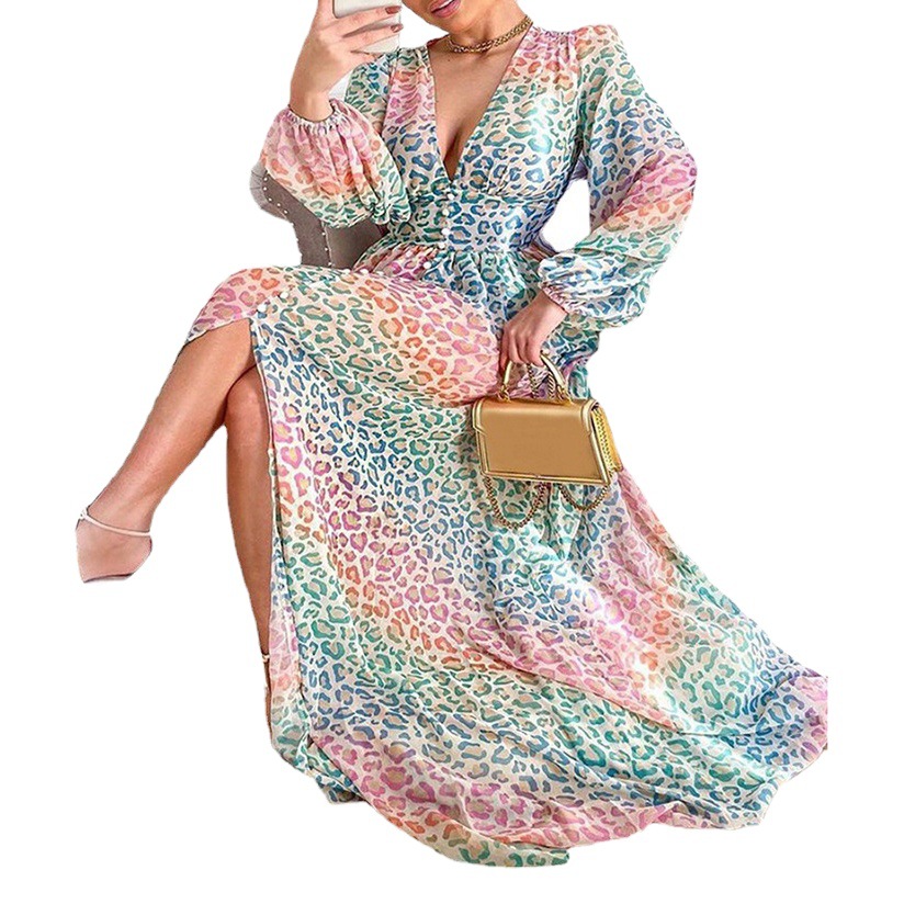 2025 European and American New Women's Clothing Amazon Dress Deep V Lantern Sleeve Colorfulful Leopard Print Casual Printed Long Skirt