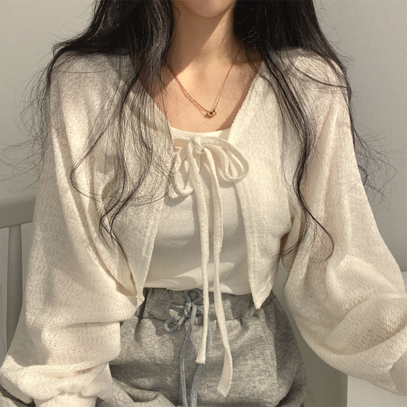 2024 spring and summer new white lace-up lantern sleeve thin simple loose all-match sunscreen cardigan short coat for women