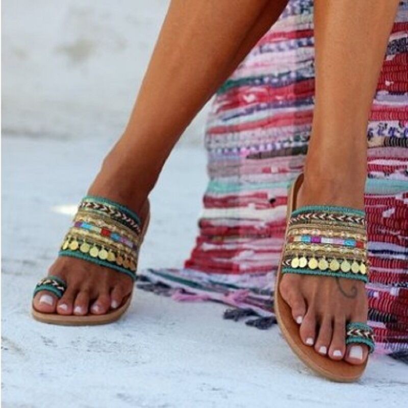 Picture of 2020 Ethnic Style Handmade Beaded Sandals New Summer Large Size Metal Decorative Sequined Toe Flats Roman Shoes
