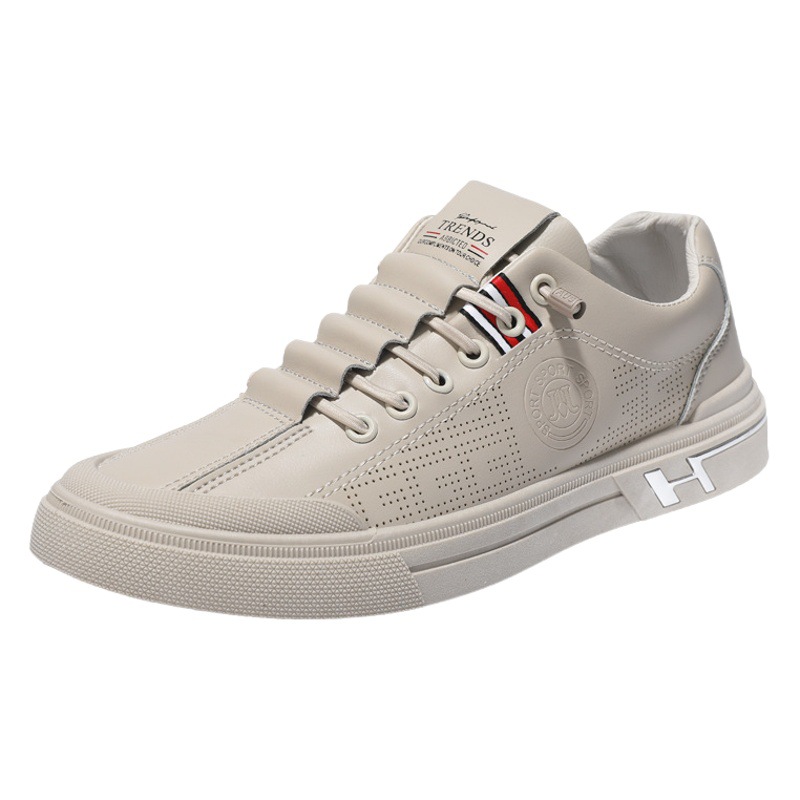 Foreign Trade Men's Shoes Summer Hollow Men's Casual Board Shoes Leather Surface Soft-soled Breathable Single Shoes Inner Height Increasing White Shoes for Men