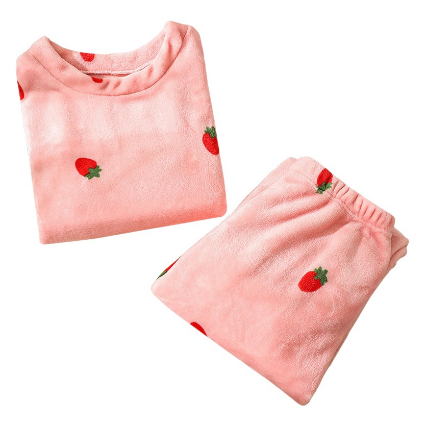 Coral Velvet Strawberry Warm Suit Pajamas for Women to Wear Outside Girls Autumn and Winter Warm Home Clothes Set for Women to Wear Outside