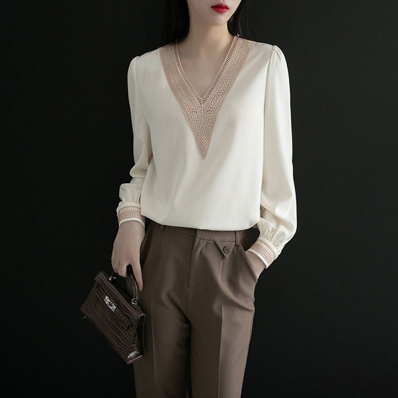 2025 Spring Temperament Women's V-Neck Chiffon Shirt Long Sleeve Fashionable Small Shirt Bottoming Top