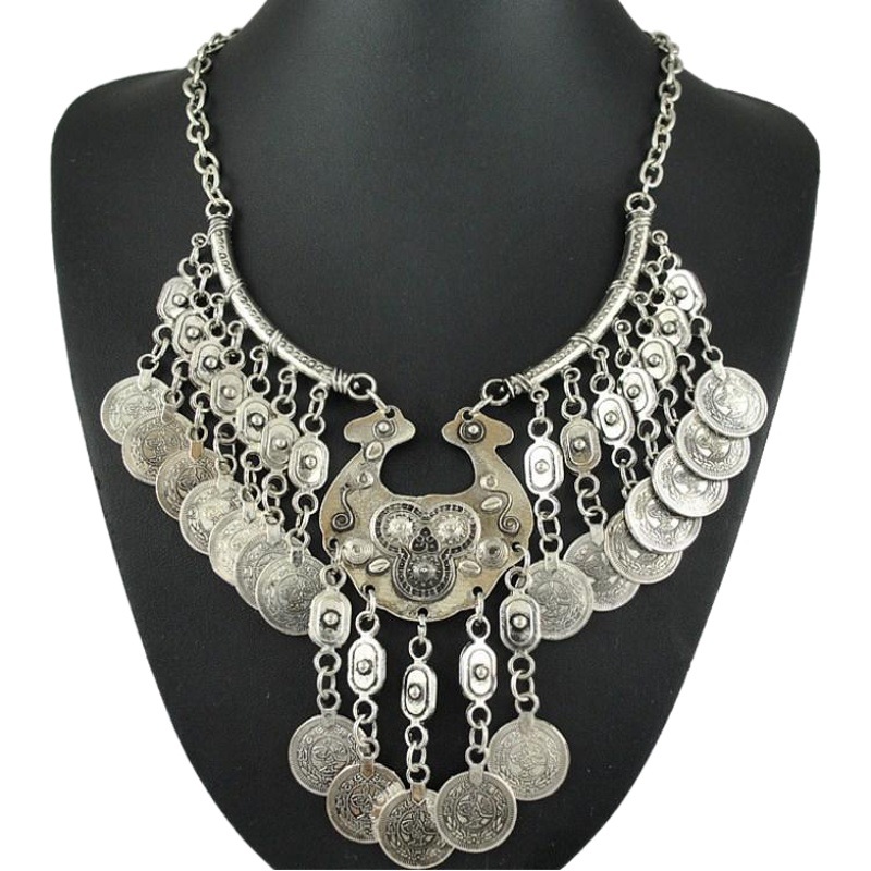 European and American exaggerated texture foreign trade retro jewelry alloy ancient silver coin carved necklace tassel clavicle chain