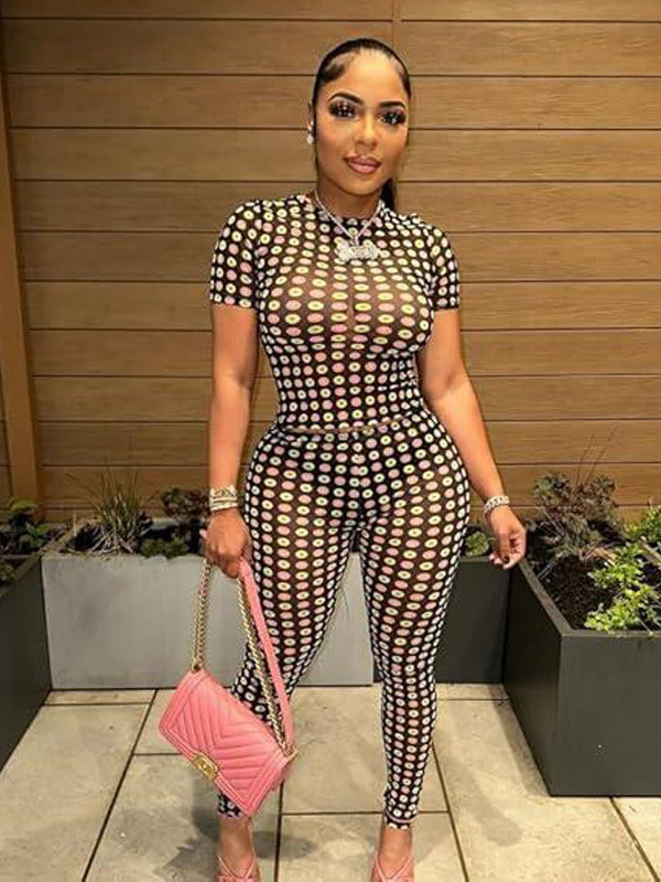 D9776 Amazon Europe and the United States best selling women's fashion color wave dot mesh printing short sleeve pants two-piece set