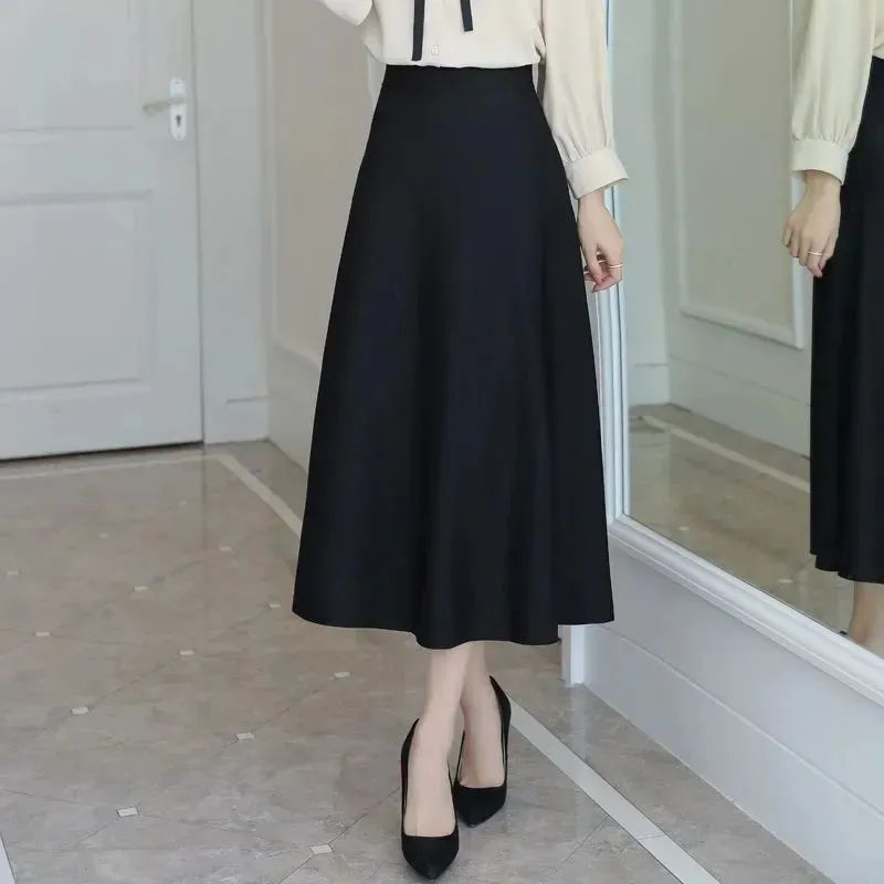 Spring and Autumn New plus size Women's Skirt Mid-length Skirt High Waist Large Swing Skirt Elegant All-match plus size Solid Color A- line Skirt