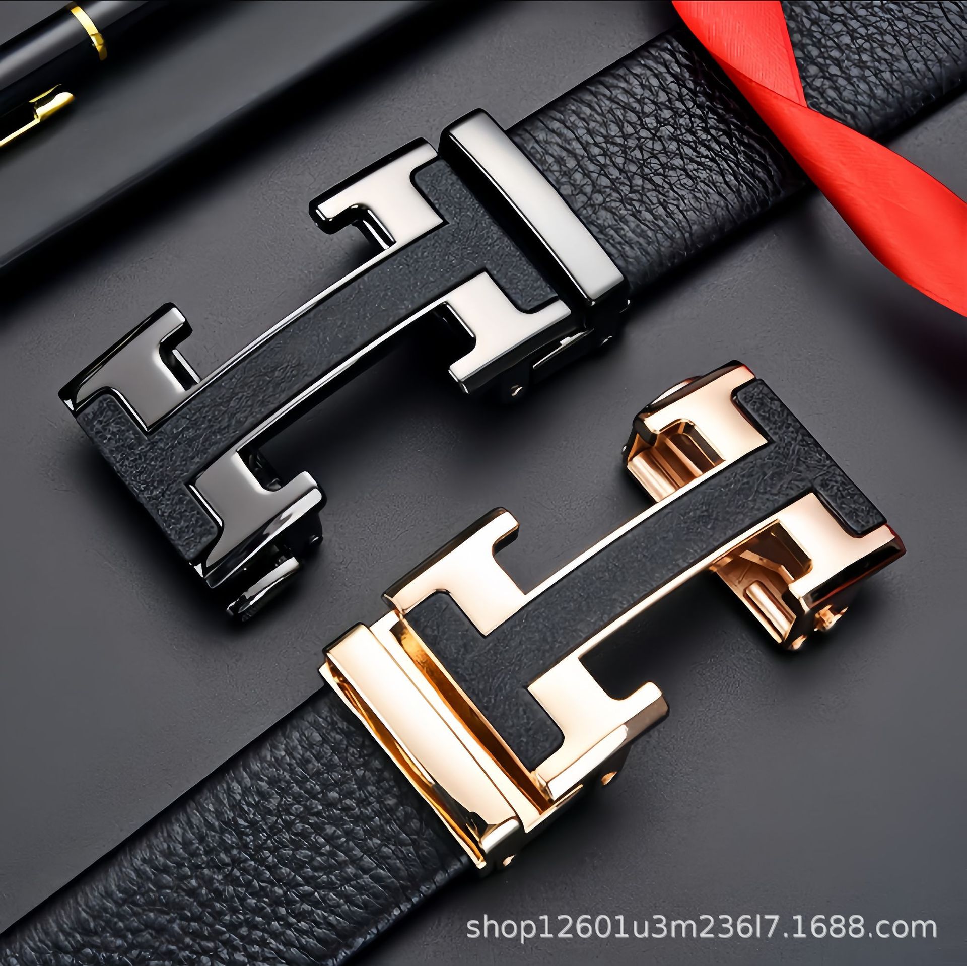 Top-grain cowhide men's belt H-button genuine cowhide leather belt with automatic buckle, simple trendy belt for young men