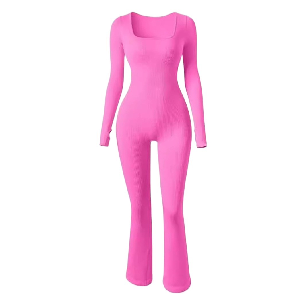 European and American Cross-Border 2025 Women's Yoga Jumpsuit Ribbed Sports Long-Sleeved Top Bell-Bottom Flared Jumpsuit