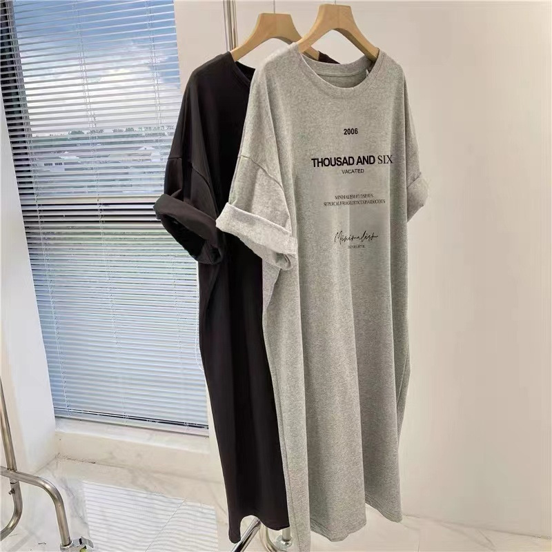 Picture of Korean Short-Sleeved Dress Women's Summer Fat mm Large Size Slim Mid-Length T-Shirt Dress over the Knee Casual Long Skirt