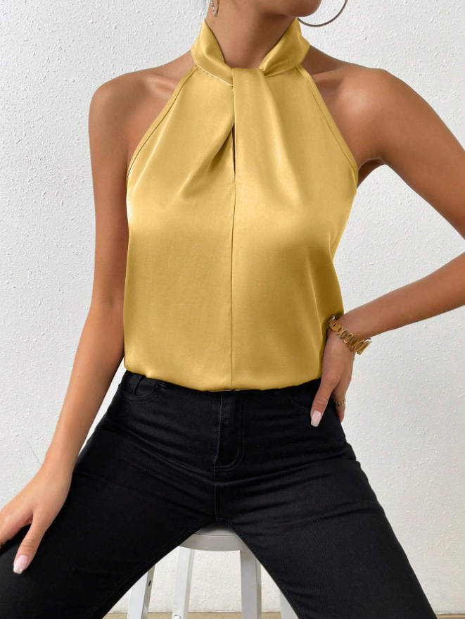 Picture of 2025 New Summer European and American Clothing Satin Halterneck Sleeveless Vest Satin Imitation Silk Top Wholesale in Stock