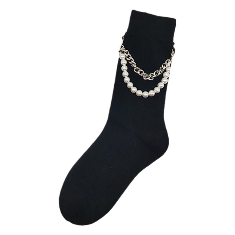 Autumn and Winter Black Pearl Chain Mid-length Socks Japanese Style Punk Style Women's Socks Street Personality Women's Socks Sweet Cool Fashionable Socks