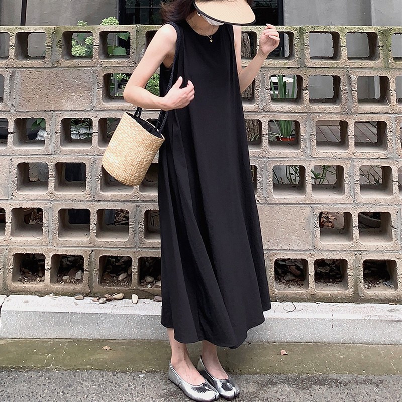 French Style Sleeveless Cotton and Linen Dress for Women 2024 Summer New Design Back Cut Out Round Neck Vest Dress