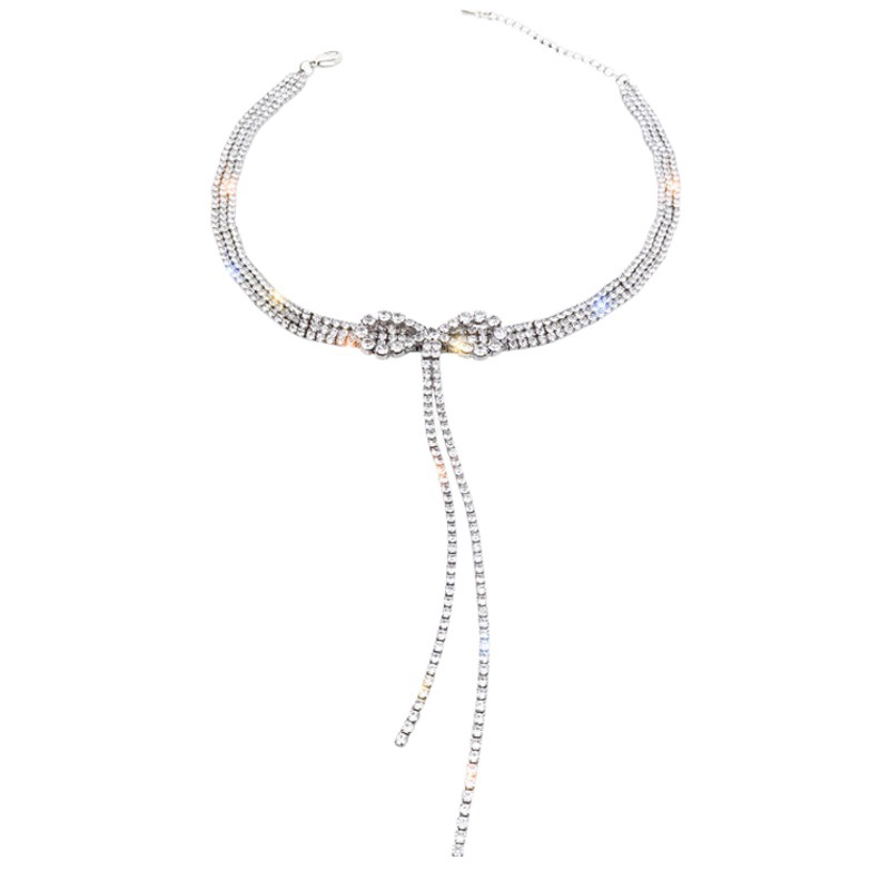 Niche high-grade bow diamond tassel necklace female clavicle chain personality necklace female ins cold style accessories
