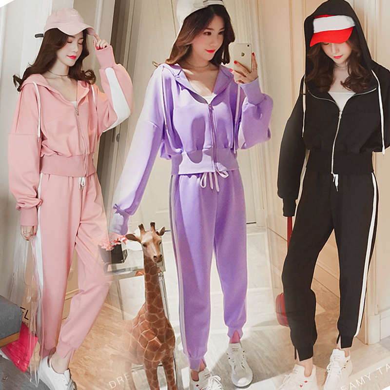 Autumn and Winter New Hip-hop Street Dance Sports Suit Female Students Loose Color-matching Sweater Jacket Harlan Pants Two-piece Fashionable Set