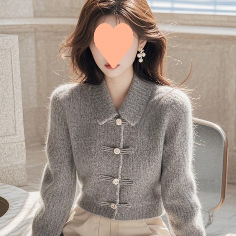 2024 Winter Lazy High-end Knitted Top Women's Elegant New Chinese Style National Style Grey Inner Base Sweater