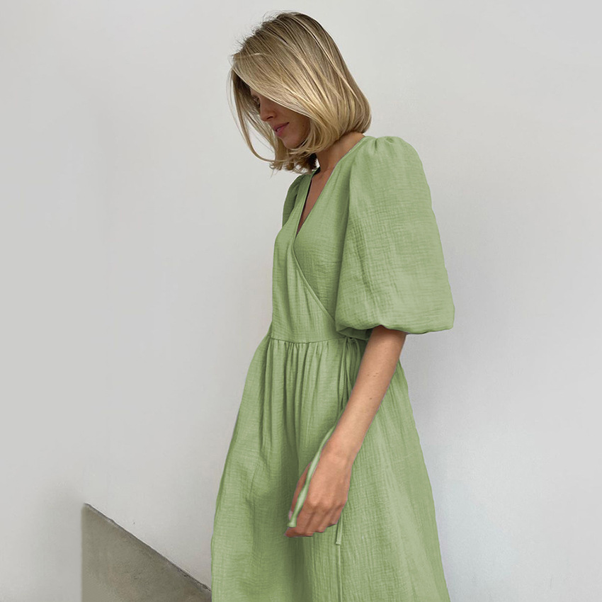 Picture of French Midi Skirt 2024 Summer New European and American Fashion Women's Lace-Up Short-Sleeved Puff-Sleeved Dress Summer Wrap Skirt