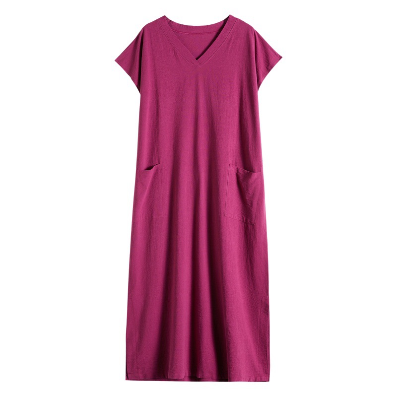 2021 Spring/Summer New Vintage Plus Size Cotton Linen V-Neck Loose Pocket Short Sleeve Dress Slimming