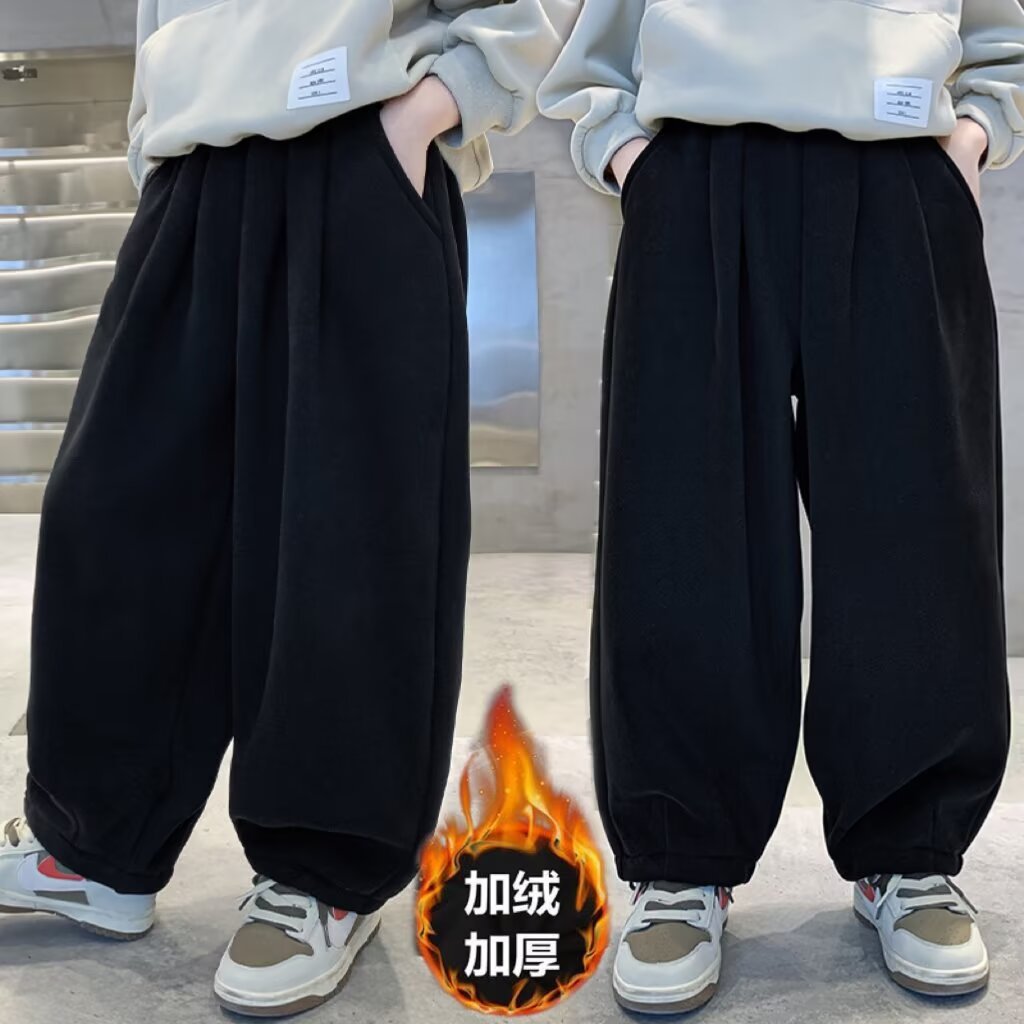 Children's Wear Boys Autumn and Winter Pants with Velvet 2024 New Sports Middle and Big Boys Autumn Pants Casual Trendy