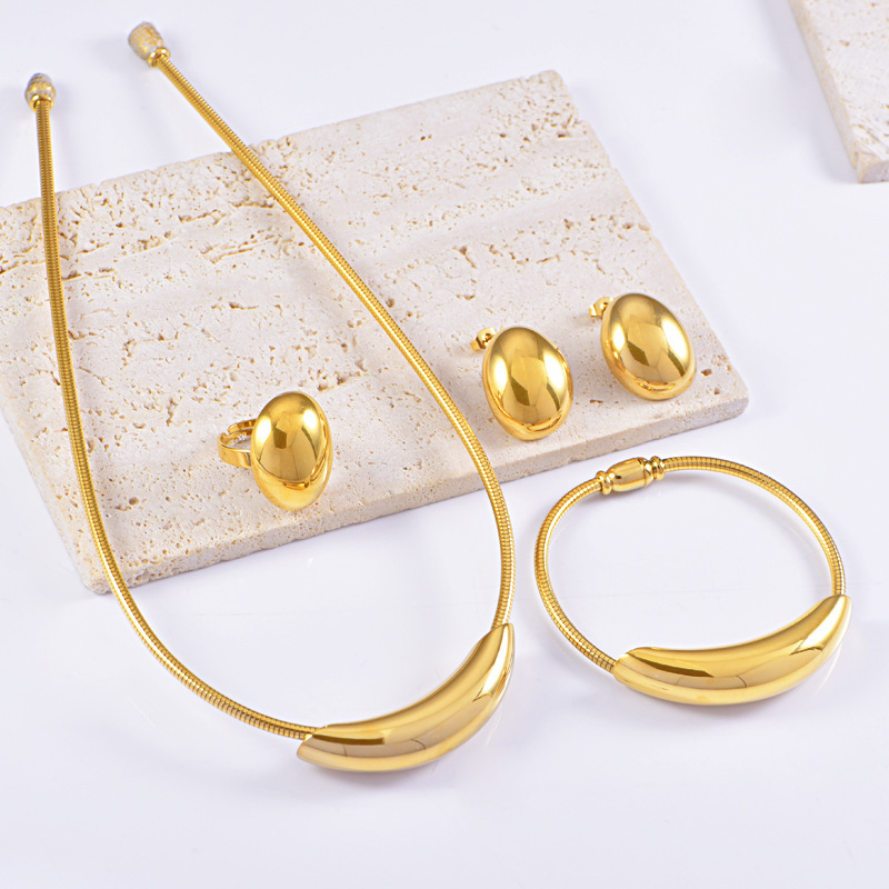 Cross-Border Hot-Selling Stainless Steel Jewelry Set European and American Style High-End Oval Necklace Bracelet Earrings Ring Set