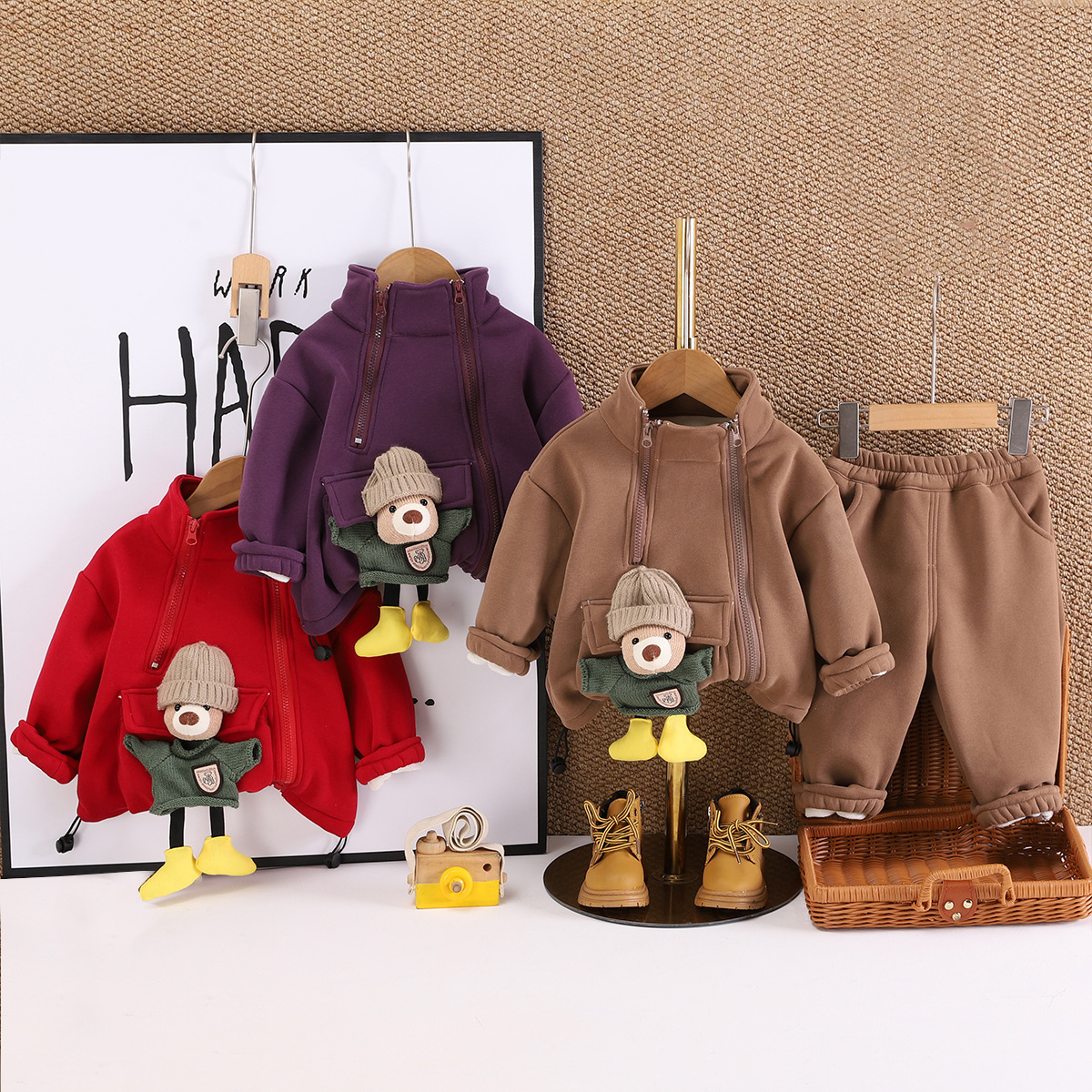 Boys Autumn and Winter Clothes suit 2024 New Children's Baby Stylize fleece-lined Thickened Two-piece Set