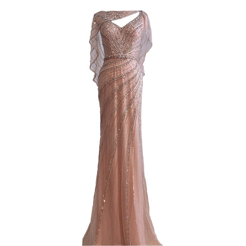 Golden Luxury Heavy Industry Beads Slim Fit Host Catwalk Performance Fishtail Dress Sexy Dress Party LA70910