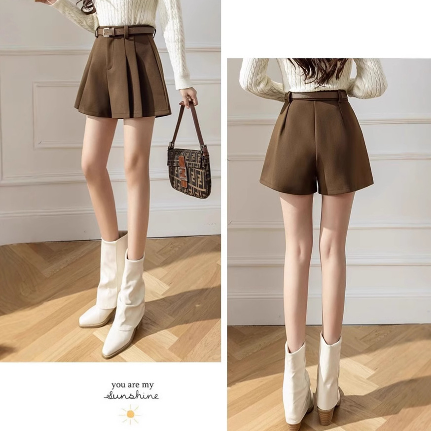 Black Pleated Skirt Pants Autumn and Winter Women's 2024 New Woolen Shorts with Boots High Waist A- Line Wide Leg Pants