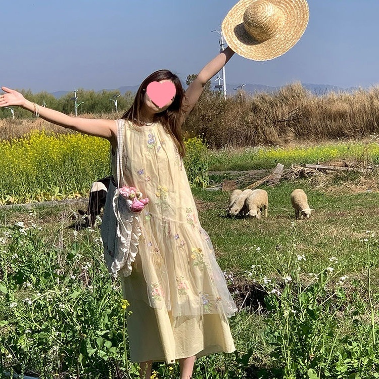 Picture of "Die Ling Huayang" Mesh Embroidered Sleeveless Dress for Women Summer Loose Layered Overskirt Vest Dress