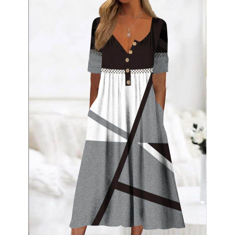 2025Wish European and American Women's Clothing Amazon Printed Pocket Cardigan Buttoned Long Dress Short-Sleeved A-Line