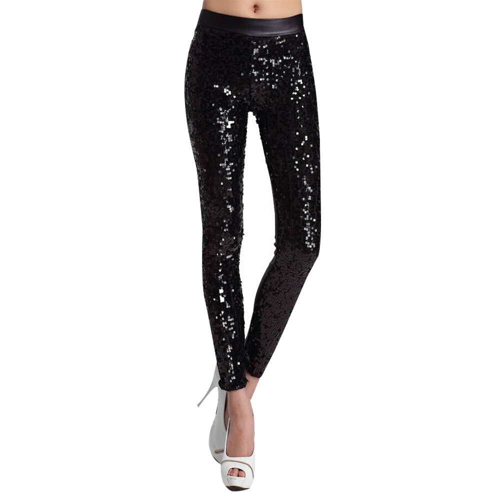 Picture of European and American spring new high waist faux leather pants stage performance Women's fashion high waist sequined leggings cropped pants