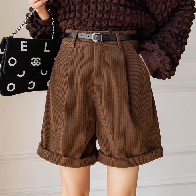 2023 autumn and winter plus size chubby girl black wide-leg pants women's high waist outer wear corduroy A- line shorts casual boot pants fashion