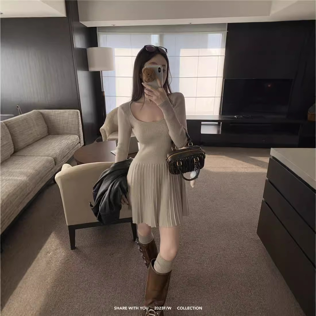 Foreign trade source French temperament long sleeve knitted dress women's autumn and winter slim pleated skirt with short skirt base skirt