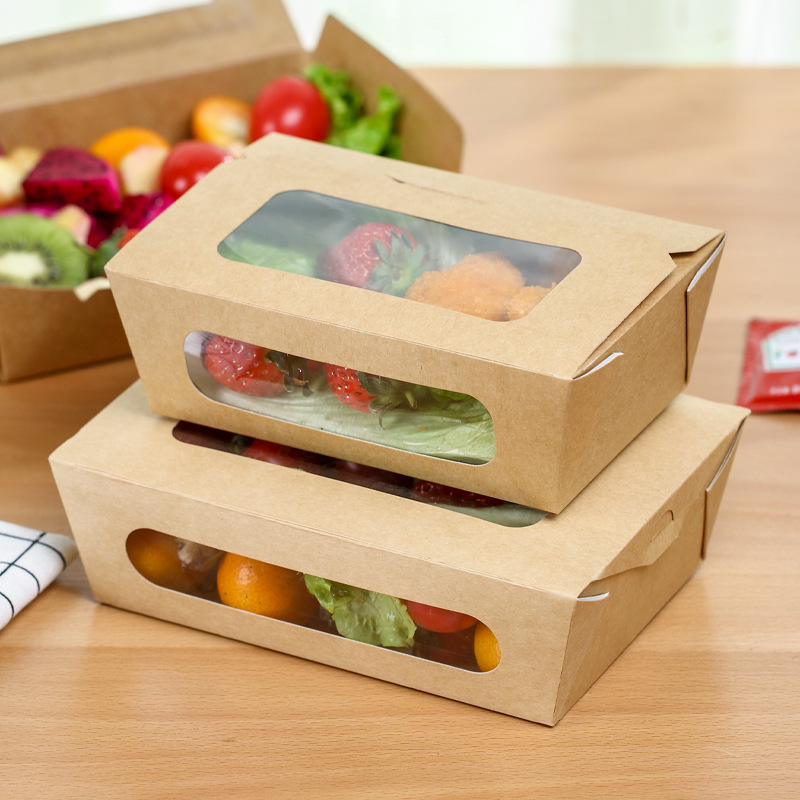 Disposable Kraft Paper Window Opening Square Food Takeout Carton Dessert Packaging Box Ready-MadeBox Customized