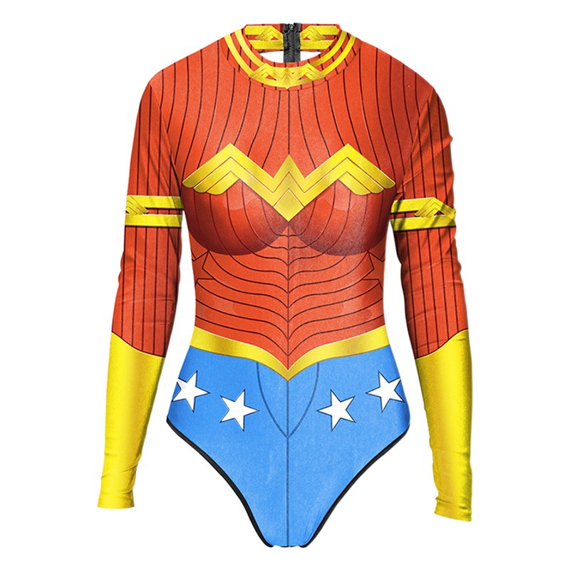 Movie Cos Clothing Summer Cross-Border Long-Sleeved One-Piece Zipper Swimsuit European and American Conservative Tight Sun Protection Surfing Swimsuit for Women