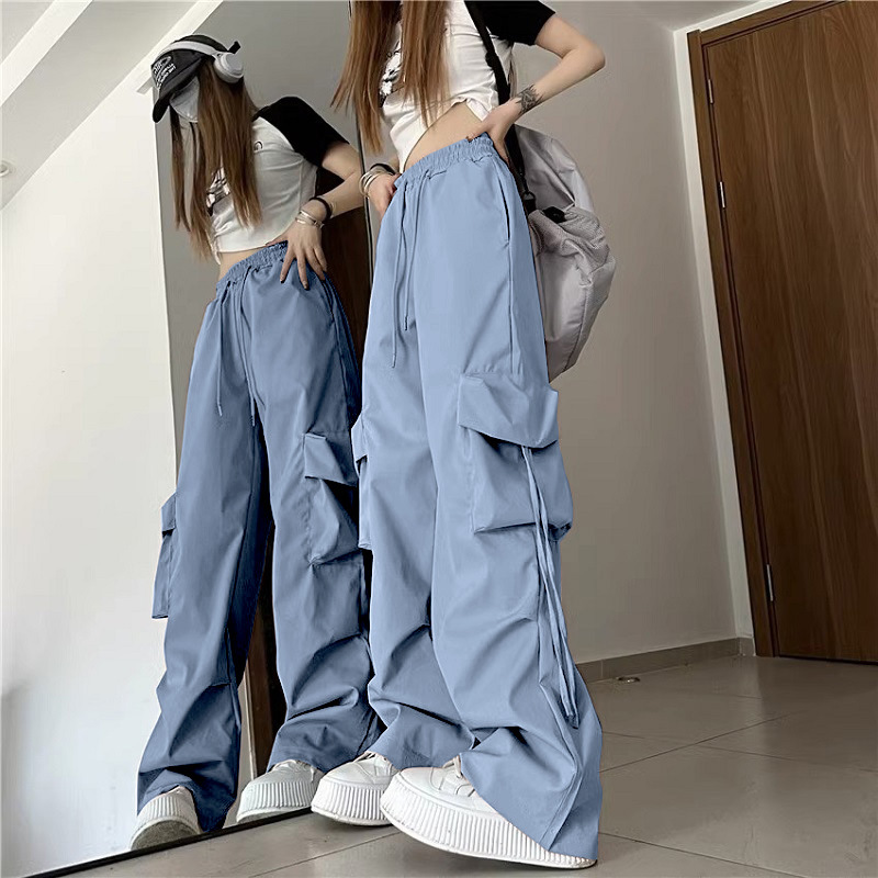 Picture of American Retro Niche Cargo Pants for Women with Stereo Flap Pocket Pantss, High-Waisted Straight Wide-Leg Ribbons, Loose Casual Floor-Length Pants
