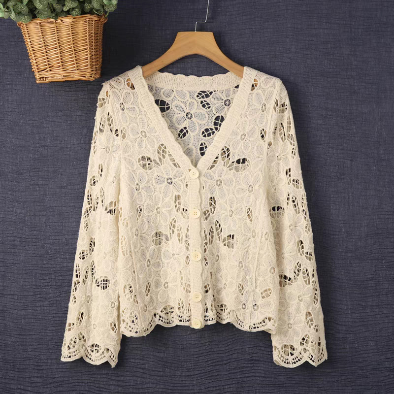 Autumn new fashionable cardigan hollow long-sleeve outerwear, elegant V-neck design knit sweater short jacket for women