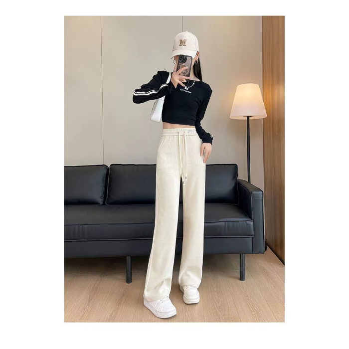 Picture of Narrow Wide-leg Pants Women's Autumn and Winter 2023 New High Waist Slimming Knitted Pose Loose Casual Sports Straight Pants