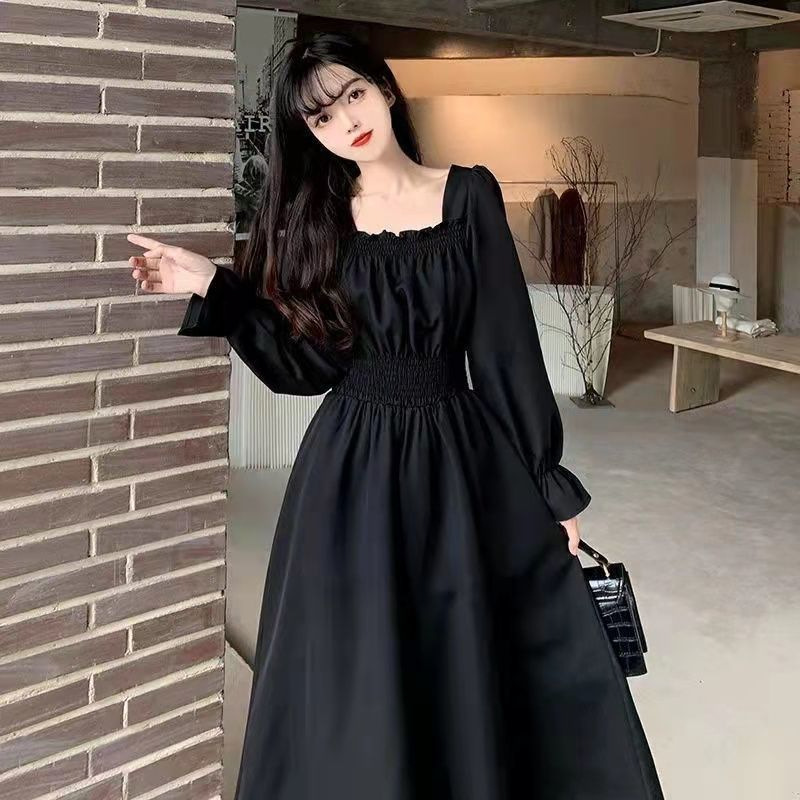 Plus size women's autumn new retro elastic high waist square collar dress Super fairy temperament gentle slimming long skirt