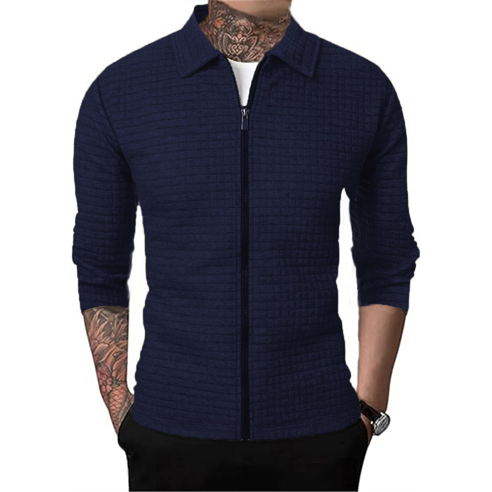 Plaid Cardigan Men's Autumn New Arrival Zipper Jacket Casual Men's Long Sleeve Laps Waffled Jacket Top