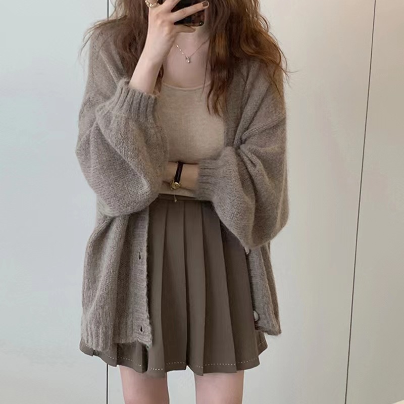 Picture of Mid-Length Lantern Sleeve Mohair Knitted Cardigan Jacket Women's Top Loose Lazy Thin Shawl Outer Top