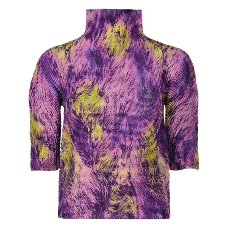 Miyake T-Shirt Top Women's Niche Design Pleated Slimming Look Figure-Showing High Collar Long-Sleeved T-Shirt Bottoming Shirt