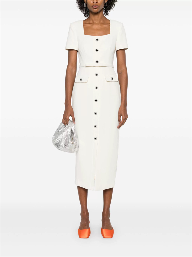 25 Summer Designer Trendy Brand Elegant Intellectual Commuting Square Neck Gemstone Button White Slim Fit Hip Dress