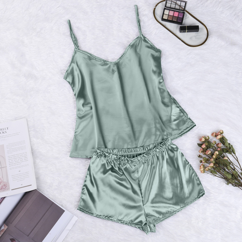 Wholesale European and American Women's Sexy New Deep V Pajamas Summer Backless Sling Set Goddess Ice Silk Comfortable Home Clothes