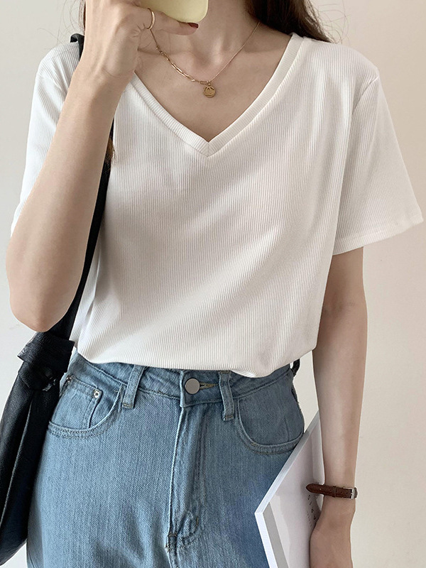 2025 Summer New Short-sleeved V-neck Thread T-shirt Women's Grey Top Design Sense Base Shirt All-match Trendy Loose