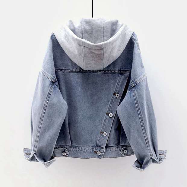 Picture of 2025 Spring and Autumn Korean Style Loose Short Denim Tops Women's Bf Style Commuting Long Sleeve Hooded Tops Multi-Pocket Top
