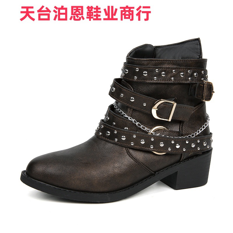 Picture of Cross-border foreign trade in-stock 2025 side zipper round toe double chain square heel PU European and American women's ankle boots autumn and winter new ankle-length boots