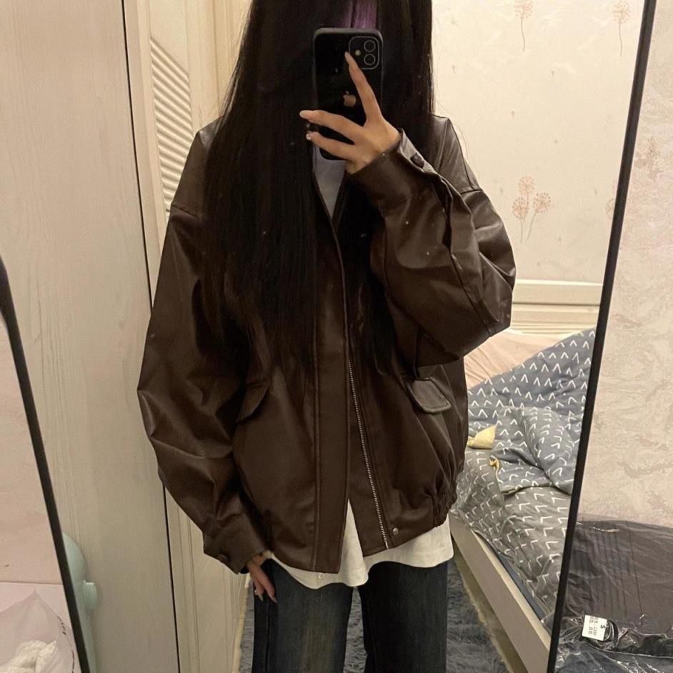 Picture of WASTE SOIL Style American Style Retro Black PU Leather Jacket Women's Spring and Autumn New Loose Handsome Casual Motorcycle Jacket Trendy