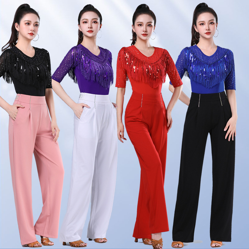 Spring and Summer Jitterba Top Women's New Mid-sleeve Square Dance Clothing Women's Three-step Color Tassel Crewneck Black Dance Clothing