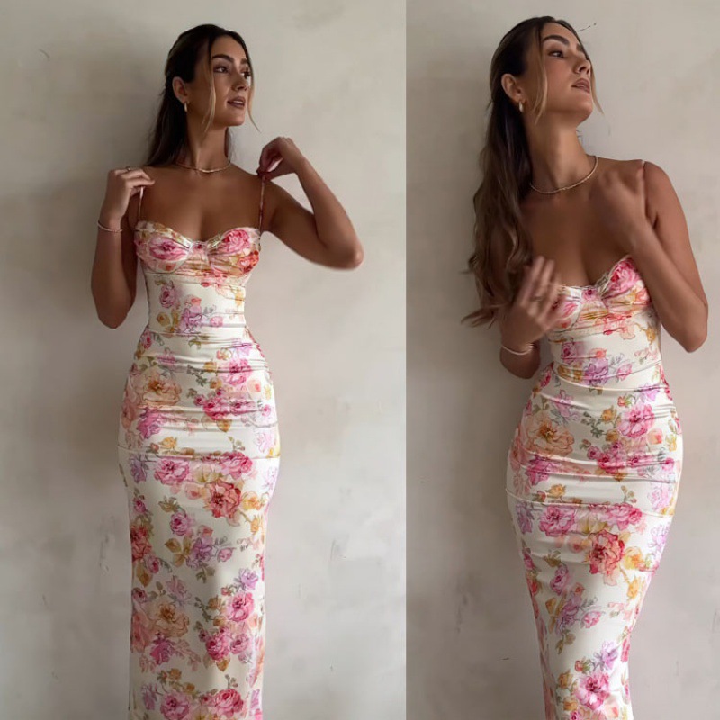 European and American-style cross-border women's clothing 2024 summer fashion new fashion printed slim-fit sexy backless strap dress