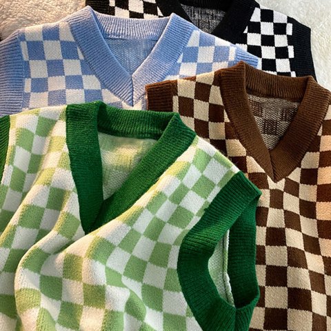 Spring and Autumn 2022 New Vest Knitted Women's Checkerboard V-Neck Top Lazy Style Outer Sweater Jacket